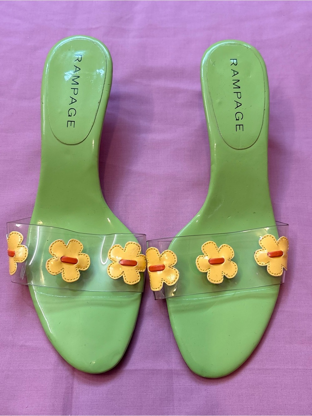 Rampage Green kitten heels with Yellow Flower Accents